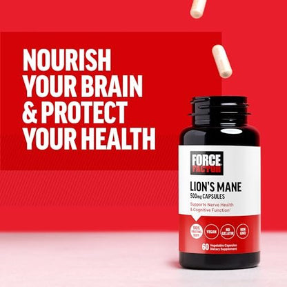 Force Factor Löwenmähne Kapseln – Gedächtnis & Konzentration, unterstützt Nervengesundheit & kognitive Funktion, 100% Fruchtkörper, vegan, gelatinefrei, non-GMO, 60 Kapseln