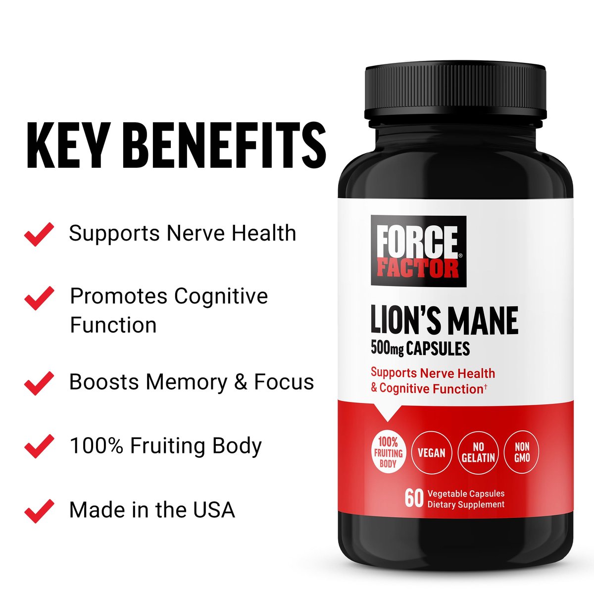 Force Factor Löwenmähne Kapseln – Gedächtnis & Konzentration, unterstützt Nervengesundheit & kognitive Funktion, 100% Fruchtkörper, vegan, gelatinefrei, non-GMO, 60 Kapseln