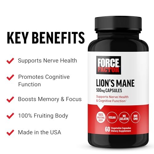 Force Factor Löwenmähne Kapseln – Gedächtnis & Konzentration, unterstützt Nervengesundheit & kognitive Funktion, 100% Fruchtkörper, vegan, gelatinefrei, non-GMO, 60 Kapseln