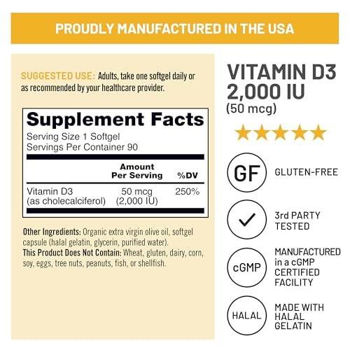 NatureWise Vitamin D3 2000 IE (50 µg) – 90-Tage-Vorrat für Immunsystem, Muskelfunktion und Knochengesundheit – Nicht-GVO, glutenfrei in organischem extra nativem Olivenöl (Mini-Weichkapseln), 90 Stück