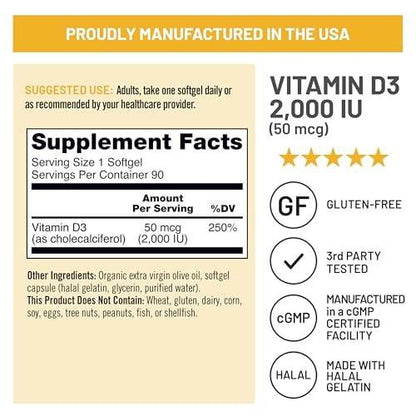 NatureWise Vitamin D3 2000 IE (50 µg) – 90-Tage-Vorrat für Immunsystem, Muskelfunktion und Knochengesundheit – Nicht-GVO, glutenfrei in organischem extra nativem Olivenöl (Mini-Weichkapseln), 90 Stück