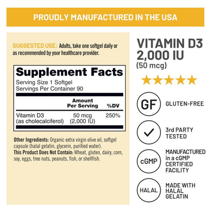 NatureWise Vitamin D3 2000 IE (50 µg) – 90-Tage-Vorrat für Immunsystem, Muskelfunktion und Knochengesundheit – Nicht-GVO, glutenfrei in organischem extra nativem Olivenöl (Mini-Weichkapseln), 90 Stück