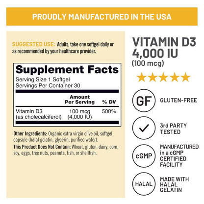 NatureWise Vitamin D3 4000 IE (100 µg) – 30-Tage-Vorrat für Immununterstützung, gesunde Muskelfunktion und Knochengesundheit – Non-GMO, glutenfrei in organischem, nativem Olivenöl (Mini-Weichkapseln), 30 Stück