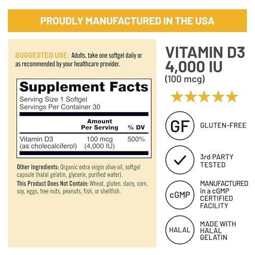 NatureWise Vitamin D3 4000 IE (100 µg) – 30-Tage-Vorrat für Immununterstützung, gesunde Muskelfunktion und Knochengesundheit – Non-GMO, glutenfrei in organischem, nativem Olivenöl (Mini-Weichkapseln), 30 Stück