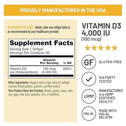 NatureWise Vitamin D3 4000 IE (100 µg) – 30-Tage-Vorrat für Immununterstützung, gesunde Muskelfunktion und Knochengesundheit – Non-GMO, glutenfrei in organischem, nativem Olivenöl (Mini-Weichkapseln), 30 Stück