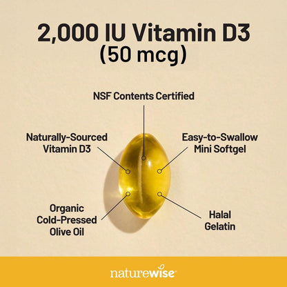 NatureWise Vitamin D3 2000 IE (50 µg) – 200-Tage-Vorrat für Immunsystem, Muskelfunktion und Knochengesundheit – Nicht-GVO, glutenfrei in Bio-Olivenöl (Mini-Weichkapseln), 200 Stück
