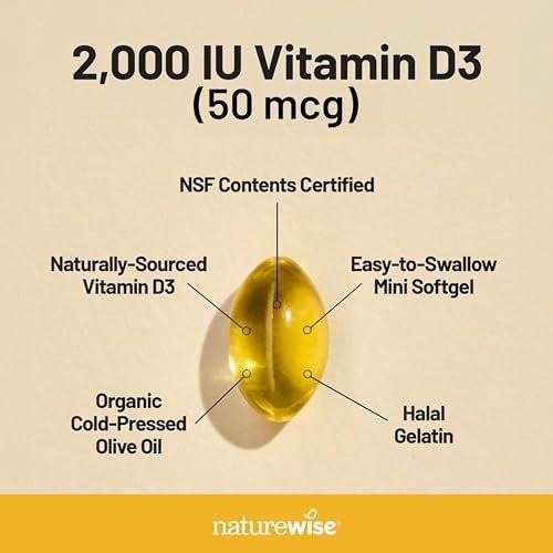 NatureWise Vitamin D3 2000 IE (50 µg) – 200-Tage-Vorrat für Immunsystem, Muskelfunktion und Knochengesundheit – Nicht-GVO, glutenfrei in Bio-Olivenöl (Mini-Weichkapseln), 200 Stück