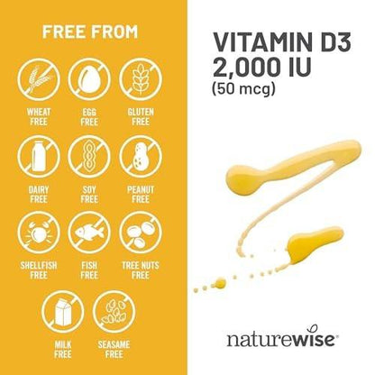 NatureWise Vitamin D3 2000 IE (50 µg) – 90-Tage-Vorrat für Immunsystem, Muskelfunktion und Knochengesundheit – Nicht-GVO, glutenfrei in organischem extra nativem Olivenöl (Mini-Weichkapseln), 90 Stück