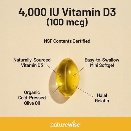 NatureWise Vitamin D3 4000 IU (100 µg) – 200 Kapseln, Immununterstützung, gesunde Muskelfunktion & Knochengesundheit, Non-GMO, glutenfrei in Bio-Olivenöl (Mini-Softgel)
