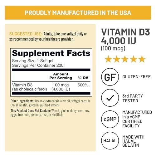 NatureWise Vitamin D3 4000 IU (100 µg) – 200 Kapseln, Immununterstützung, gesunde Muskelfunktion & Knochengesundheit, Non-GMO, glutenfrei in Bio-Olivenöl (Mini-Softgel)