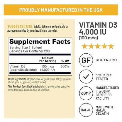 NatureWise Vitamin D3 4000 IU (100 µg) – 200 Kapseln, Immununterstützung, gesunde Muskelfunktion & Knochengesundheit, Non-GMO, glutenfrei in Bio-Olivenöl (Mini-Softgel)