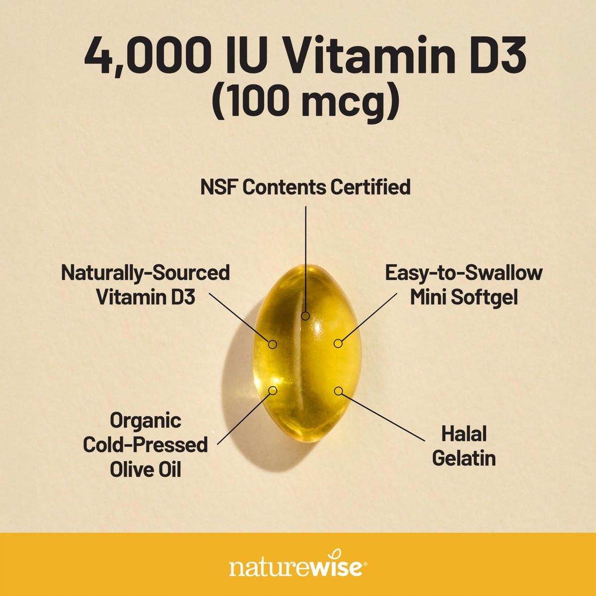 NatureWise Vitamin D3 4000 IU (100 µg) – 200 Kapseln, Immununterstützung, gesunde Muskelfunktion & Knochengesundheit, Non-GMO, glutenfrei in Bio-Olivenöl (Mini-Softgel)