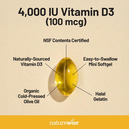 NatureWise Vitamin D3 4000 IU (100 µg) – 200 Kapseln, Immununterstützung, gesunde Muskelfunktion & Knochengesundheit, Non-GMO, glutenfrei in Bio-Olivenöl (Mini-Softgel)