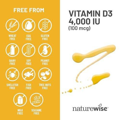 NatureWise Vitamin D3 4000 IE (100 µg) – 30-Tage-Vorrat für Immununterstützung, gesunde Muskelfunktion und Knochengesundheit – Non-GMO, glutenfrei in organischem, nativem Olivenöl (Mini-Weichkapseln), 30 Stück