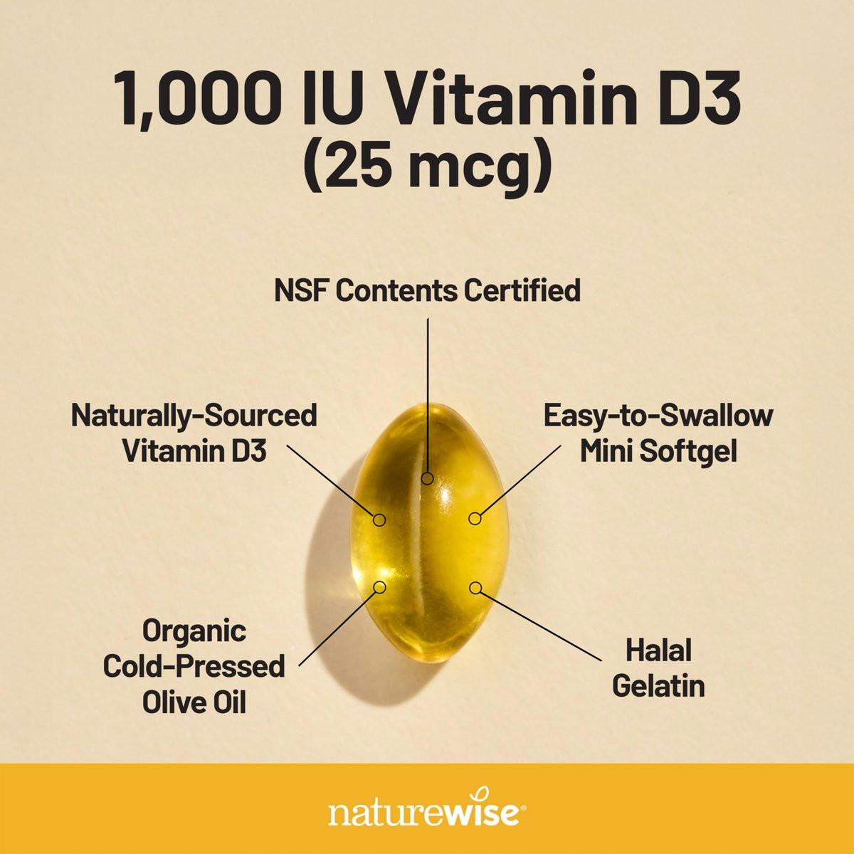 NatureWise Vitamin D3 1000 IE (25 µg) – 200-Tage-Vorrat für Immunsystem, Muskelfunktion & Knochengesundheit – Non-GMO, glutenfrei in Bio-Olivenöl, (Mini-Weichkapsel), 200 Stück