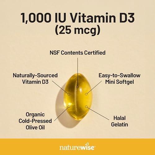 NatureWise Vitamin D3 1000 IE (25 µg) – 200-Tage-Vorrat für Immunsystem, Muskelfunktion & Knochengesundheit – Non-GMO, glutenfrei in Bio-Olivenöl, (Mini-Weichkapsel), 200 Stück