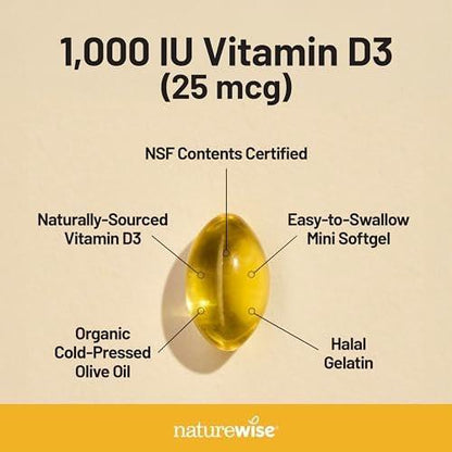 NatureWise Vitamin D3 1000 IE (25 µg) – 200-Tage-Vorrat für Immunsystem, Muskelfunktion & Knochengesundheit – Non-GMO, glutenfrei in Bio-Olivenöl, (Mini-Weichkapsel), 200 Stück