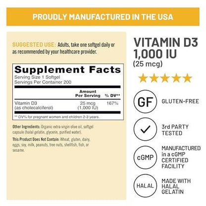 NatureWise Vitamin D3 1000 IE (25 µg) – 200-Tage-Vorrat für Immunsystem, Muskelfunktion & Knochengesundheit – Non-GMO, glutenfrei in Bio-Olivenöl, (Mini-Weichkapsel), 200 Stück