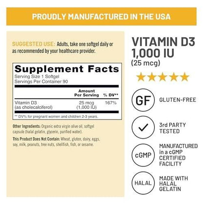 NatureWise Vitamin D3 1000 IE (25 µg) 90-Tage-Vorrat für Immununterstützung, gesunde Muskelfunktion und Knochengesundheit – Nicht-GVO, glutenfrei in biologisch nativem Olivenöl extra (Mini-Weichkapseln), 90 Stück