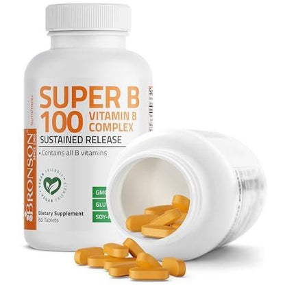Bronson Super B100 Vitamin B Komplex mit verlängerter Freisetzung – Alle B-Vitamine (B1, B2, B3, B6, B9 – Folsäure, B12), 60 Tabletten