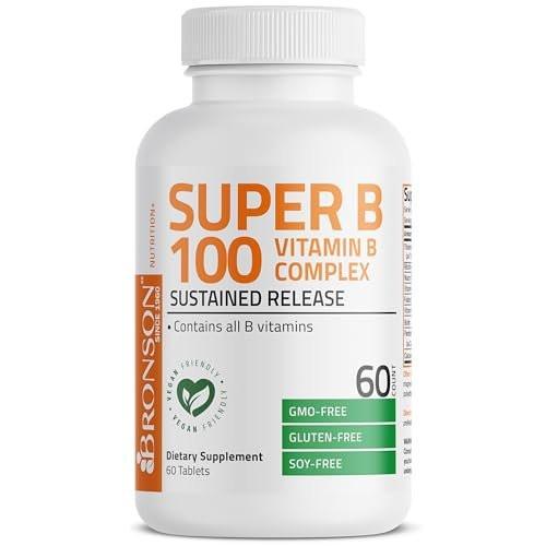 Bronson Super B100 Vitamin B Komplex mit verlängerter Freisetzung – Alle B-Vitamine (B1, B2, B3, B6, B9 – Folsäure, B12), 60 Tabletten