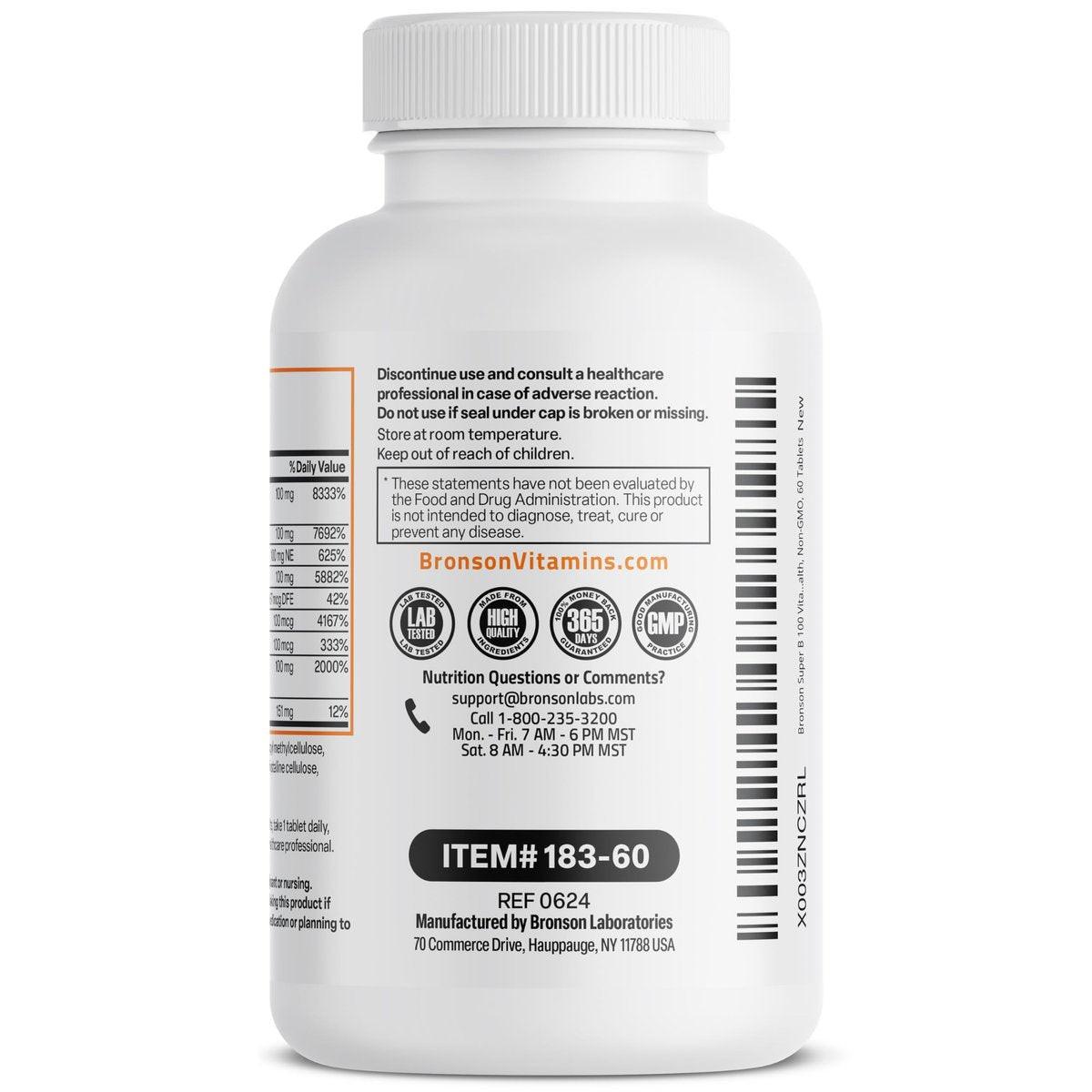 Bronson Super B100 Vitamin B Komplex mit verlängerter Freisetzung – Alle B-Vitamine (B1, B2, B3, B6, B9 – Folsäure, B12), 60 Tabletten