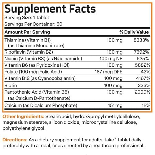Bronson Super B100 Vitamin B Komplex mit verlängerter Freisetzung – Alle B-Vitamine (B1, B2, B3, B6, B9 – Folsäure, B12), 120 Tabletten