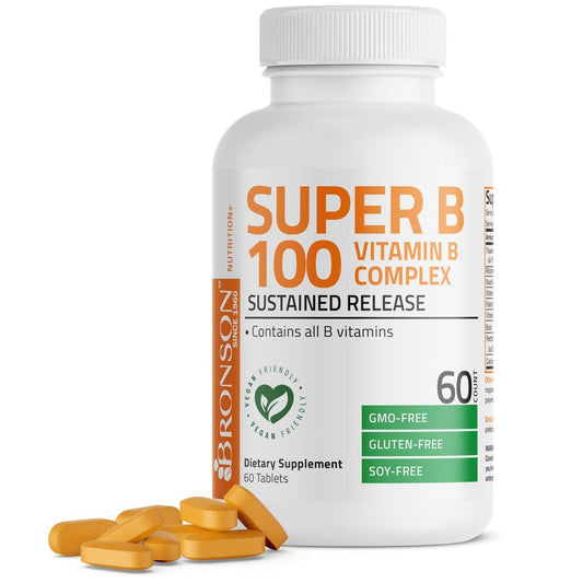 Bronson Super B100 Vitamin B Komplex mit verlängerter Freisetzung – Alle B-Vitamine (B1, B2, B3, B6, B9 – Folsäure, B12), 60 Tabletten