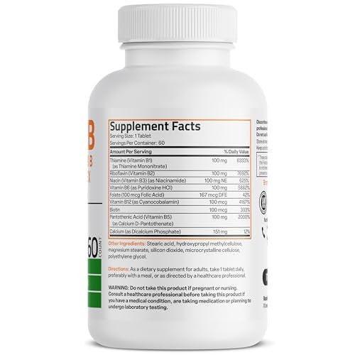 Bronson Super B100 Vitamin B Komplex mit verlängerter Freisetzung – Alle B-Vitamine (B1, B2, B3, B6, B9 – Folsäure, B12), 60 Tabletten
