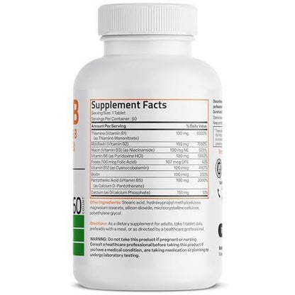 Bronson Super B100 Vitamin B Komplex mit verlängerter Freisetzung – Alle B-Vitamine (B1, B2, B3, B6, B9 – Folsäure, B12), 60 Tabletten