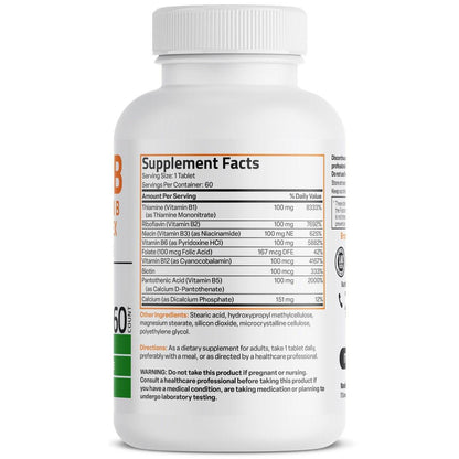 Bronson Super B100 Vitamin B Komplex mit verlängerter Freisetzung – Alle B-Vitamine (B1, B2, B3, B6, B9 – Folsäure, B12), 60 Tabletten