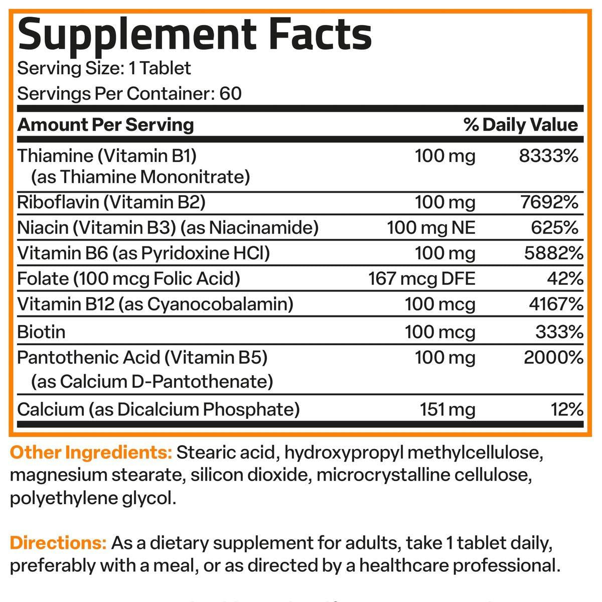 Bronson Super B100 Vitamin B Komplex mit verlängerter Freisetzung – Alle B-Vitamine (B1, B2, B3, B6, B9 – Folsäure, B12), 60 Tabletten