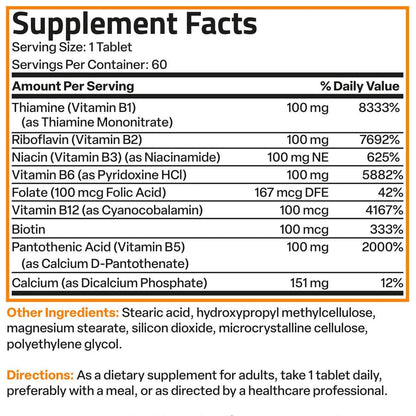 Bronson Super B100 Vitamin B Komplex mit verlängerter Freisetzung – Alle B-Vitamine (B1, B2, B3, B6, B9 – Folsäure, B12), 60 Tabletten