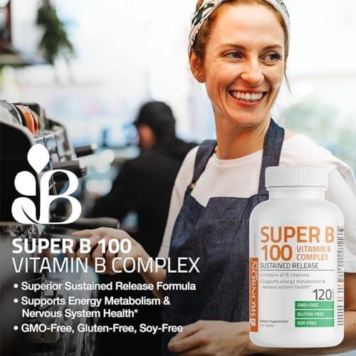 Bronson Super B100 Vitamin B Komplex mit verlängerter Freisetzung – Alle B-Vitamine (B1, B2, B3, B6, B9 – Folsäure, B12), 60 Tabletten