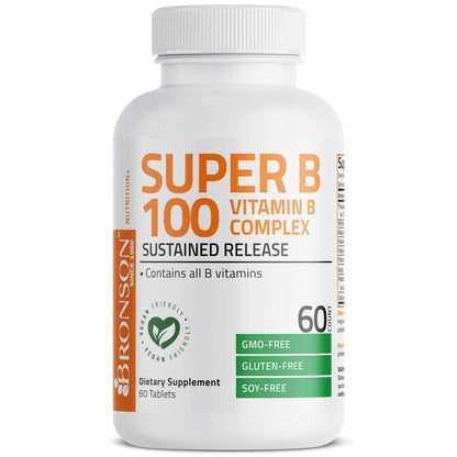Bronson Super B100 Vitamin B Komplex mit verlängerter Freisetzung – Alle B-Vitamine (B1, B2, B3, B6, B9 – Folsäure, B12), 60 Tabletten