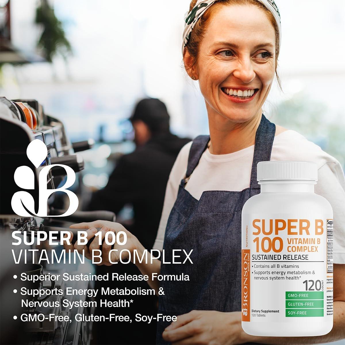 Bronson Super B100 Vitamin B Komplex mit verlängerter Freisetzung – Alle B-Vitamine (B1, B2, B3, B6, B9 – Folsäure, B12), 60 Tabletten