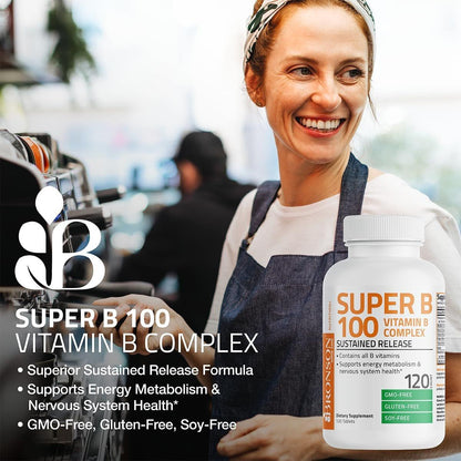 Bronson Super B100 Vitamin B Komplex mit verlängerter Freisetzung – Alle B-Vitamine (B1, B2, B3, B6, B9 – Folsäure, B12), 60 Tabletten