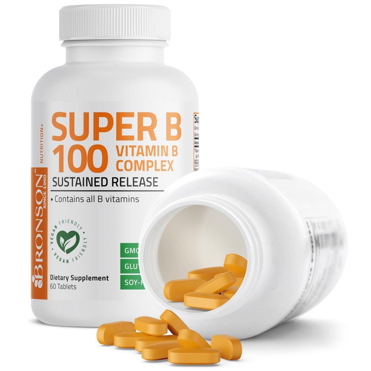 Bronson Super B100 Vitamin B Komplex mit verlängerter Freisetzung – Alle B-Vitamine (B1, B2, B3, B6, B9 – Folsäure, B12), 60 Tabletten