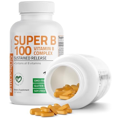 Bronson Super B100 Vitamin B Komplex mit verlängerter Freisetzung – Alle B-Vitamine (B1, B2, B3, B6, B9 – Folsäure, B12), 120 Tabletten