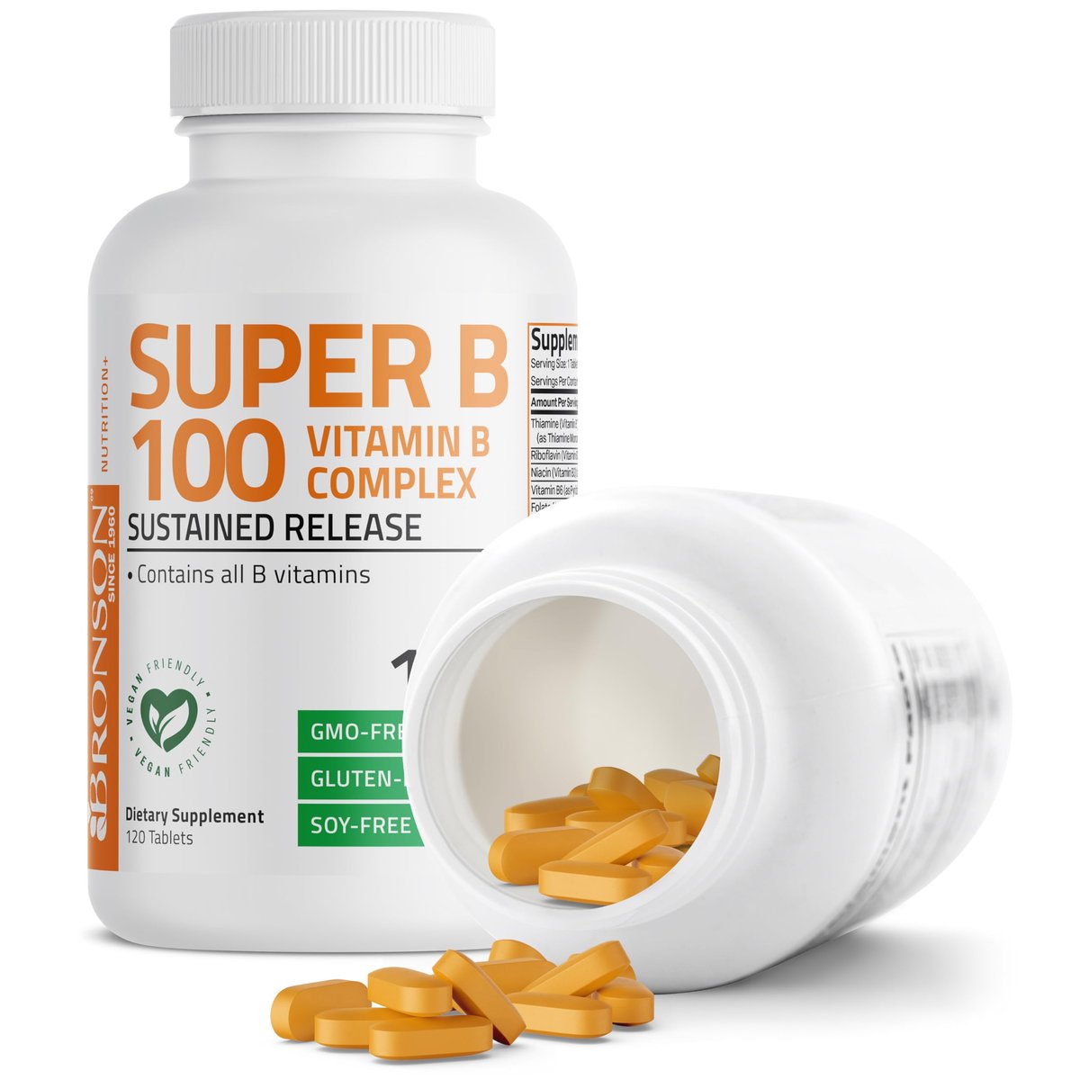 Bronson Super B100 Vitamin B Komplex mit verlängerter Freisetzung – Alle B-Vitamine (B1, B2, B3, B6, B9 – Folsäure, B12), 120 Tabletten