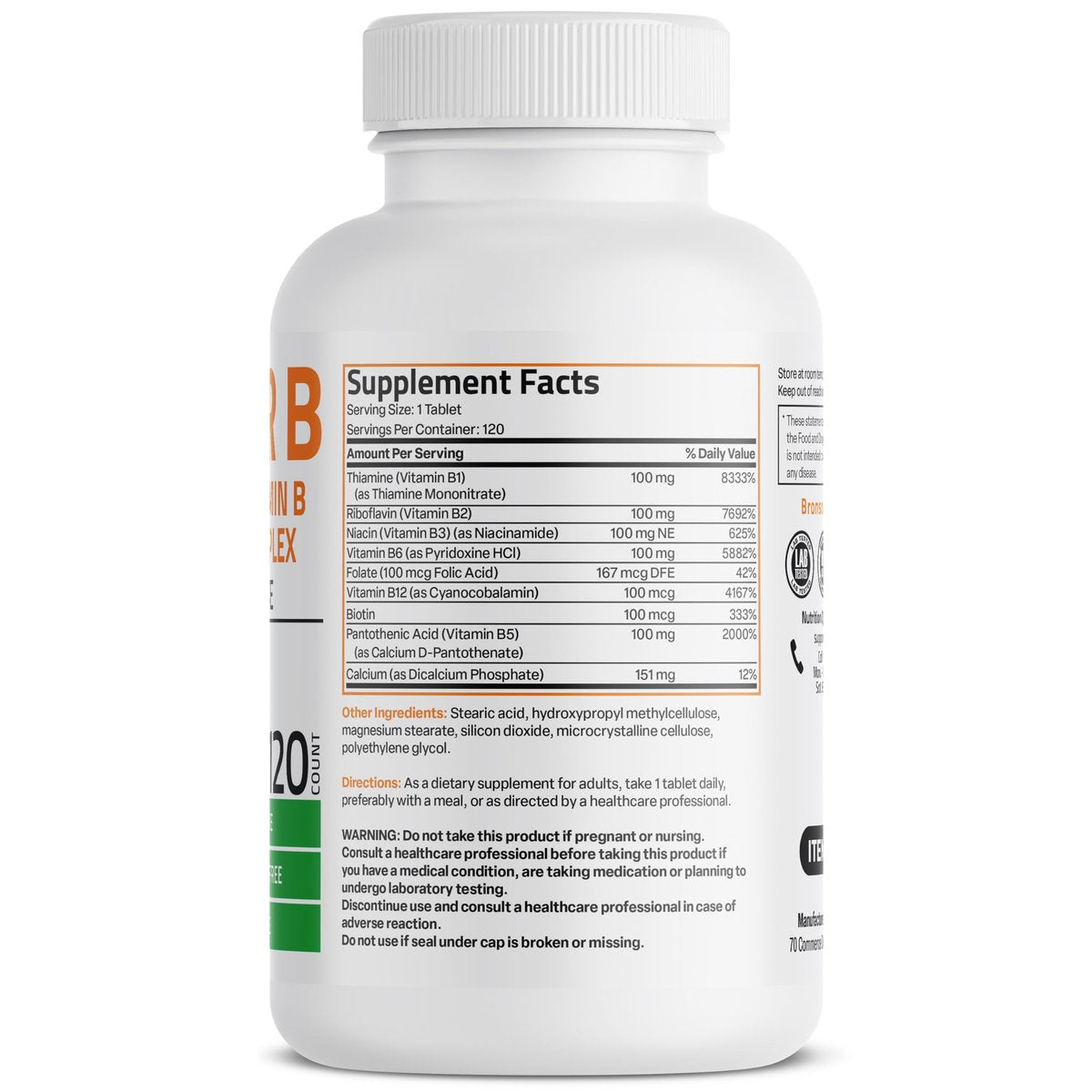 Bronson Super B100 Vitamin B Komplex mit verlängerter Freisetzung – Alle B-Vitamine (B1, B2, B3, B6, B9 – Folsäure, B12), 120 Tabletten
