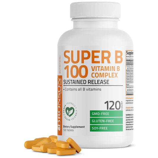 Bronson Super B100 Vitamin B Komplex mit verlängerter Freisetzung – Alle B-Vitamine (B1, B2, B3, B6, B9 – Folsäure, B12), 120 Tabletten
