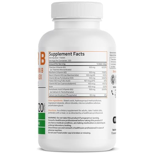Bronson Super B100 Vitamin B Komplex mit verlängerter Freisetzung – Alle B-Vitamine (B1, B2, B3, B6, B9 – Folsäure, B12), 120 Tabletten