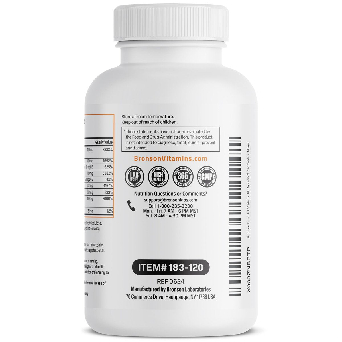 Bronson Super B100 Vitamin B Komplex mit verlängerter Freisetzung – Alle B-Vitamine (B1, B2, B3, B6, B9 – Folsäure, B12), 120 Tabletten