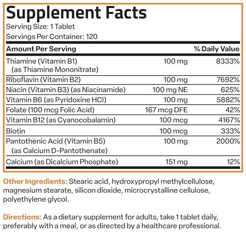 Bronson Super B100 Vitamin B Komplex mit verlängerter Freisetzung – Alle B-Vitamine (B1, B2, B3, B6, B9 – Folsäure, B12), 120 Tabletten