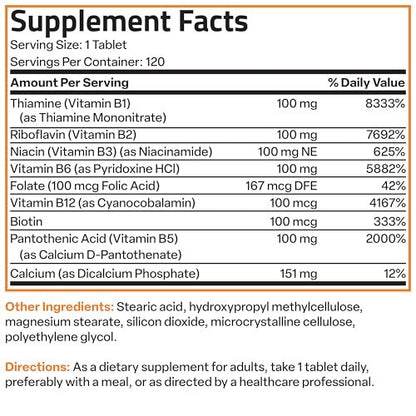 Bronson Super B100 Vitamin B Komplex mit verlängerter Freisetzung – Alle B-Vitamine (B1, B2, B3, B6, B9 – Folsäure, B12), 120 Tabletten