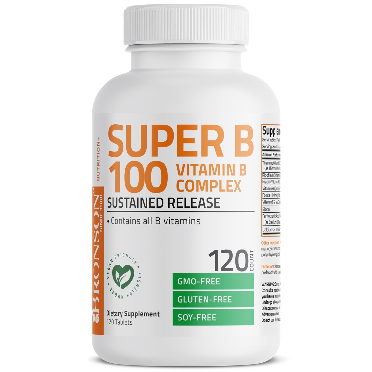 Bronson Super B100 Vitamin B Komplex mit verlängerter Freisetzung – Alle B-Vitamine (B1, B2, B3, B6, B9 – Folsäure, B12), 120 Tabletten