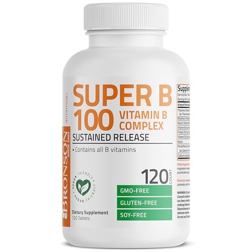 Bronson Super B100 Vitamin B Komplex mit verlängerter Freisetzung – Alle B-Vitamine (B1, B2, B3, B6, B9 – Folsäure, B12), 120 Tabletten