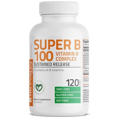 Bronson Super B100 Vitamin B Komplex mit verlängerter Freisetzung – Alle B-Vitamine (B1, B2, B3, B6, B9 – Folsäure, B12), 120 Tabletten