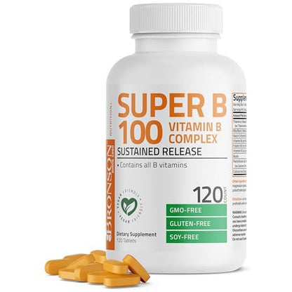 Bronson Super B100 Vitamin B Komplex mit verlängerter Freisetzung – Alle B-Vitamine (B1, B2, B3, B6, B9 – Folsäure, B12), 120 Tabletten